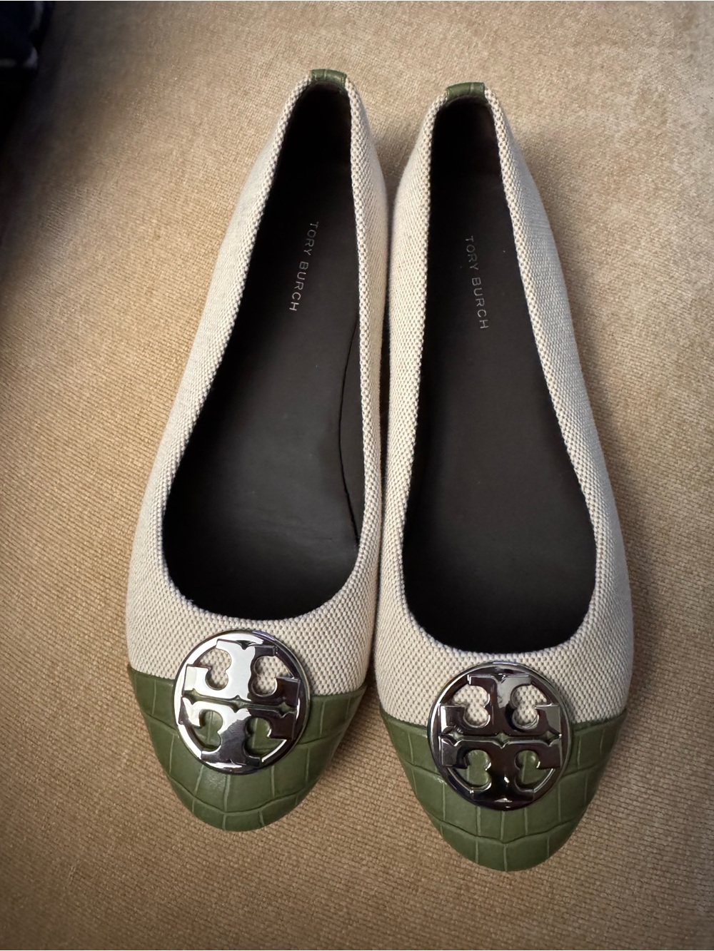 Tory Burch Beige Canvas Flats with Olive Green Cap Toe and Silver Logo